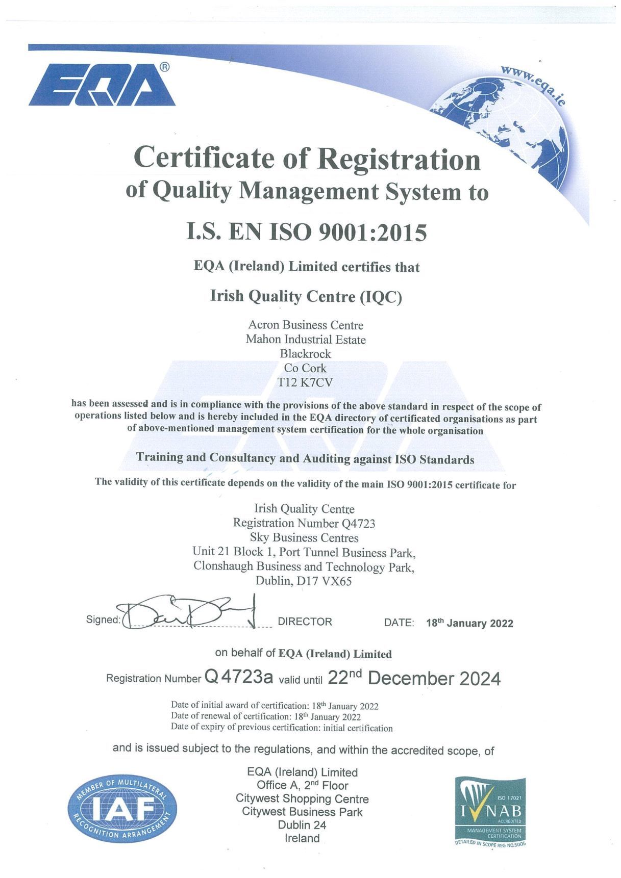 ISO 9001:2015 Cork Certificate