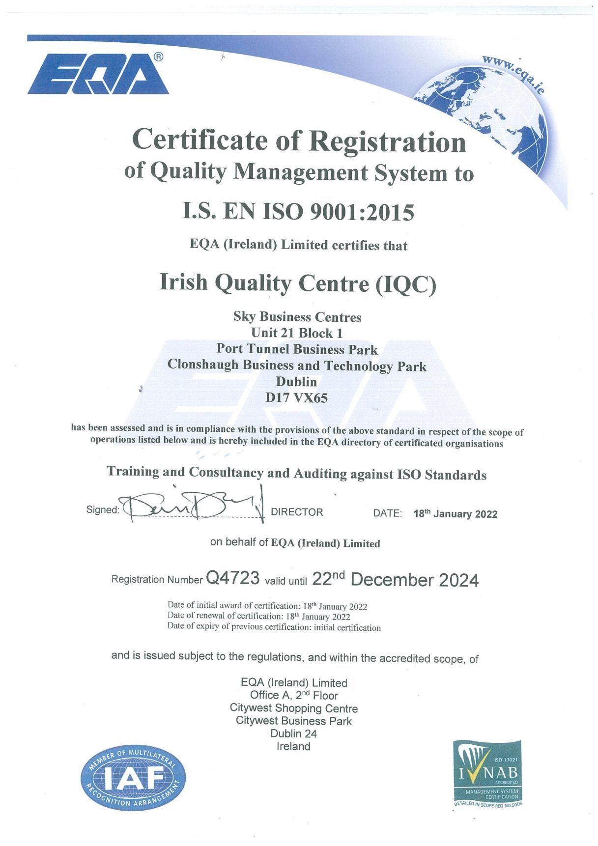 ISO 9001:2015 Dublin Certificate